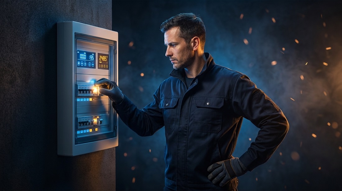 Elektromeister am ge&ouml;ffneten Sicherungskasten, ein Kontakt gl&uuml;ht auf