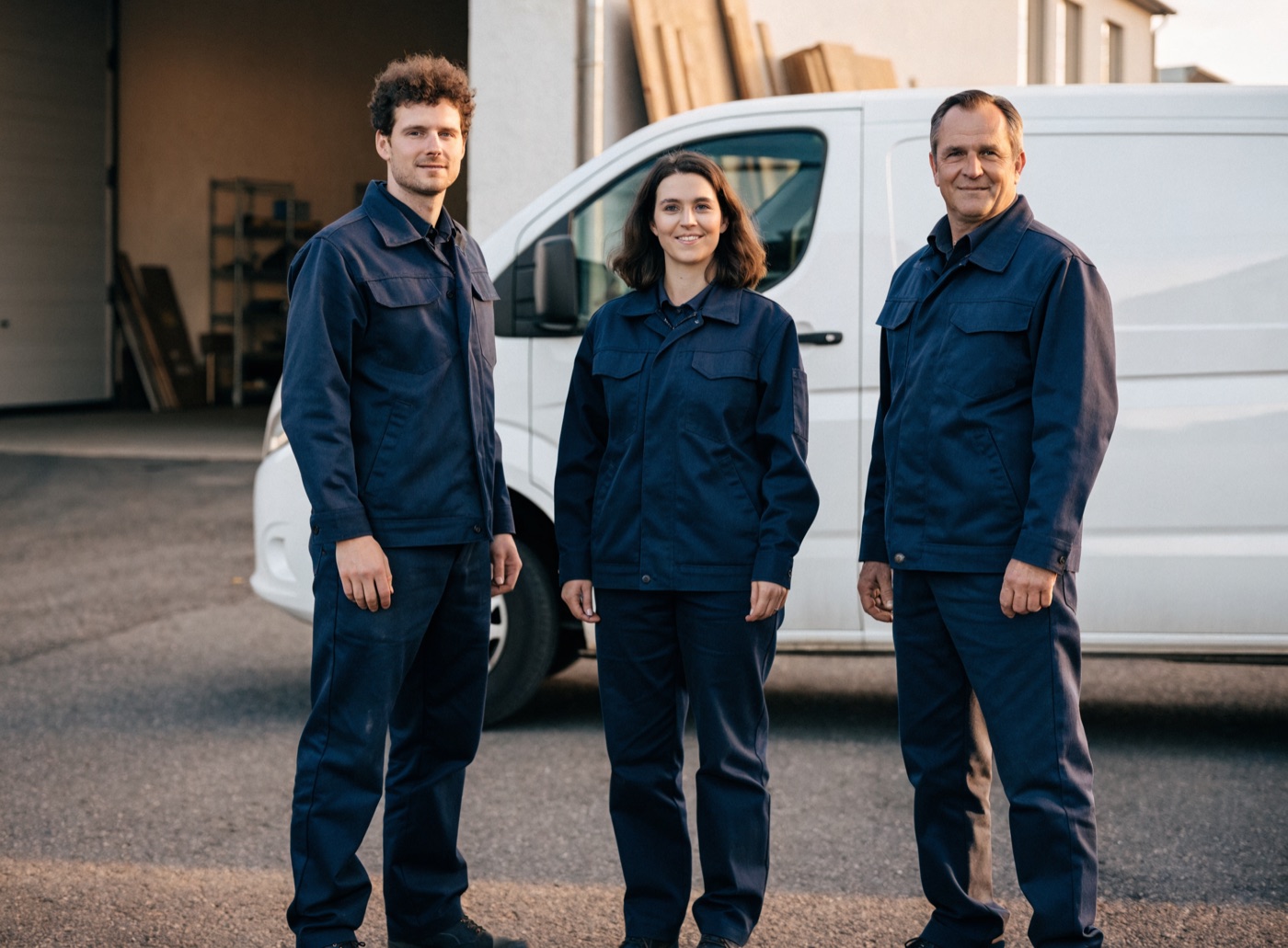 Das Team von Elektro Mustermann vor dem Firmenfahrzeug