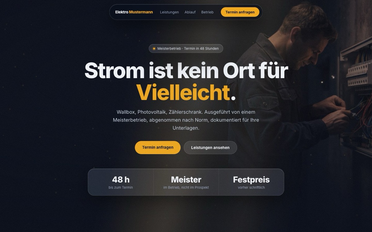 Beispielseite Elektro Mustermann im Glas-Design